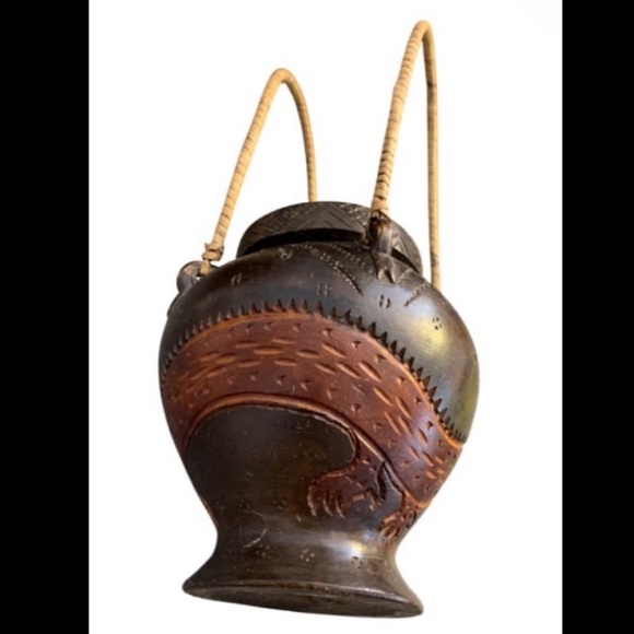 Vintage Asian Wood Vase Hand Carved Dragon Art Decor with Weaved Handles - Picture 3 of 6